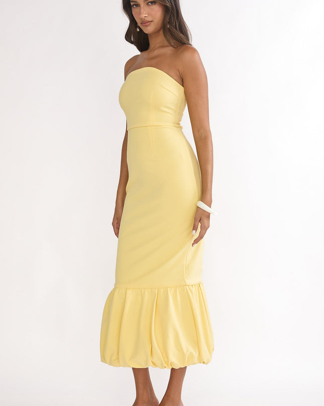 Lemon Bubble Hem Strapless Midi Dress