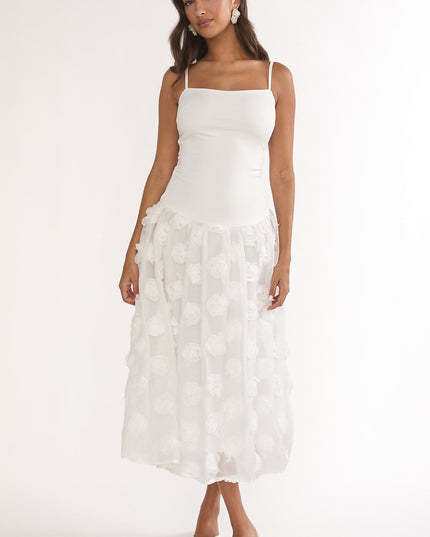 White Embellished Drop Waist Midi Dress