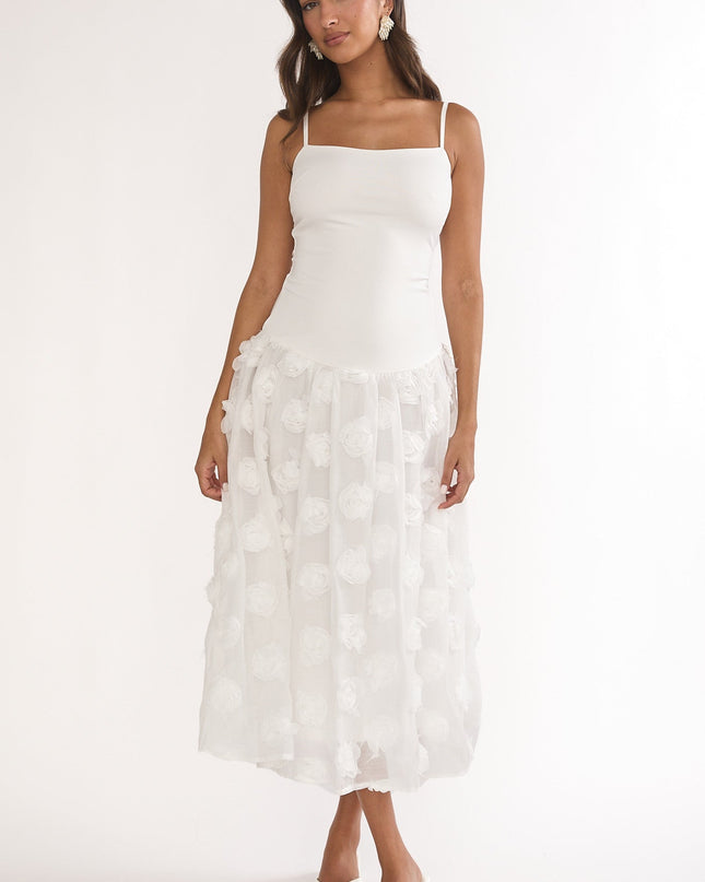 White Embellished Drop Waist Midi Dress