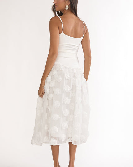 White Embellished Drop Waist Midi Dress