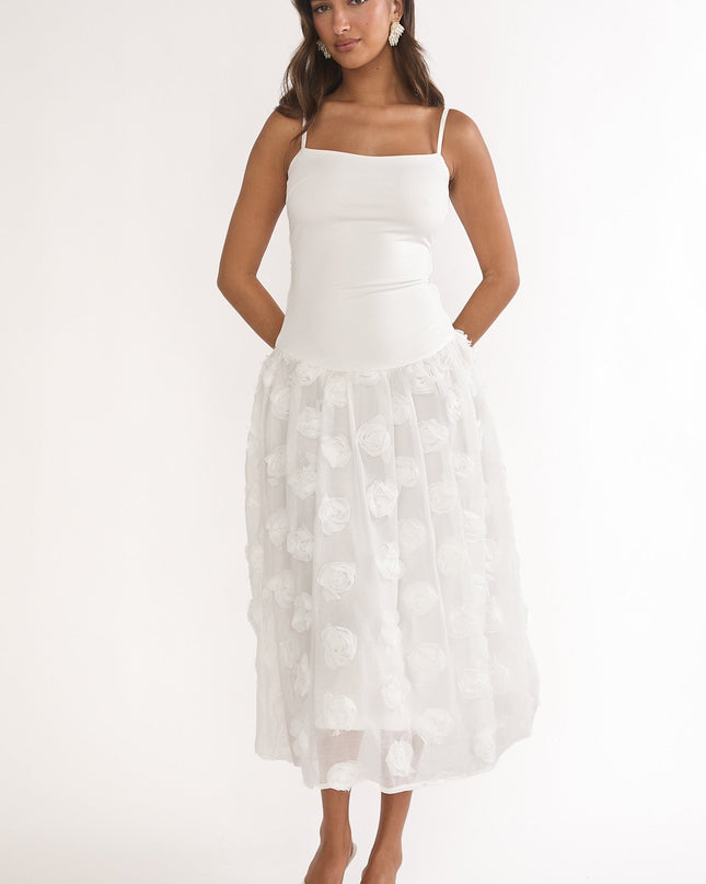 White Embellished Drop Waist Midi Dress