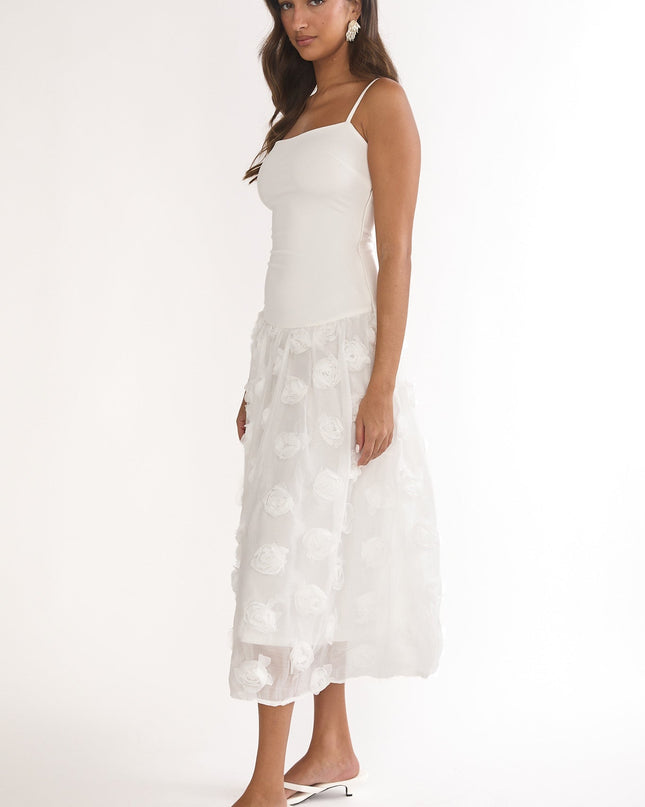 White Embellished Drop Waist Midi Dress
