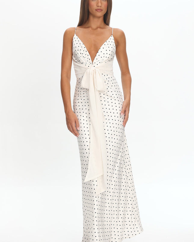 Cream Bow Waist Maxi Dress Polka Dot