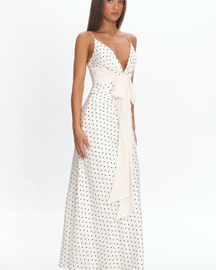 Cream Bow Waist Maxi Dress Polka Dot
