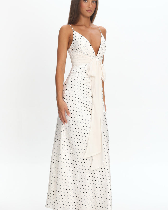 Cream Bow Waist Maxi Dress Polka Dot