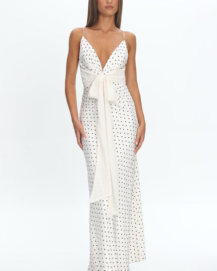 Cream Bow Waist Maxi Dress Polka Dot