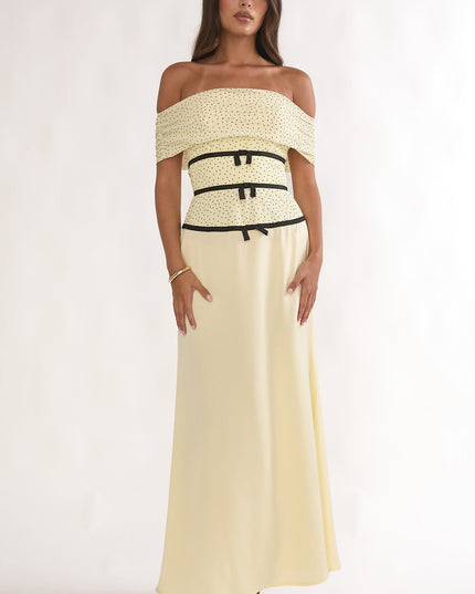 Lemon Off-Shoulder Bow Maxi Dress Spotted