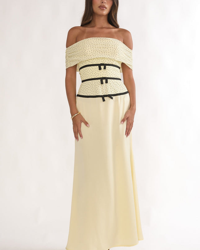 Lemon Off-Shoulder Bow Maxi Dress Spotted