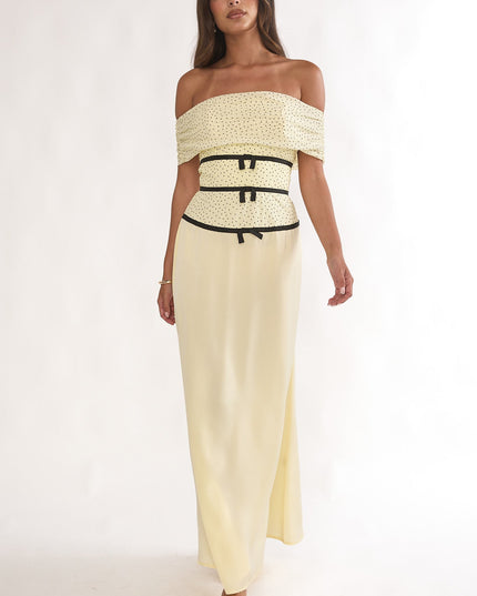 Lemon Off-Shoulder Bow Maxi Dress Spotted