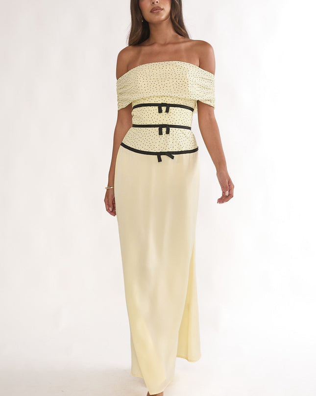 Lemon Off-Shoulder Bow Maxi Dress Spotted