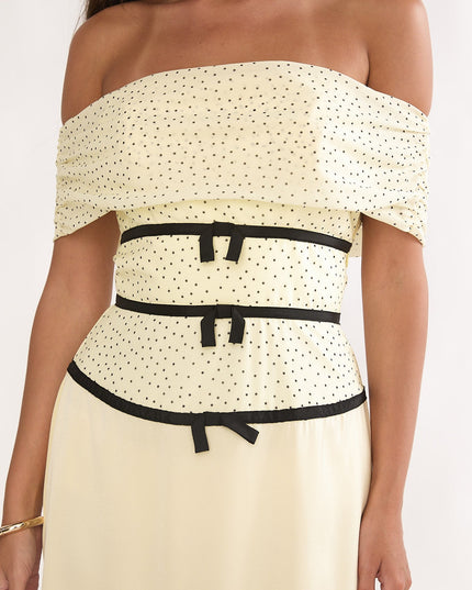 Lemon Off-Shoulder Bow Maxi Dress Spotted