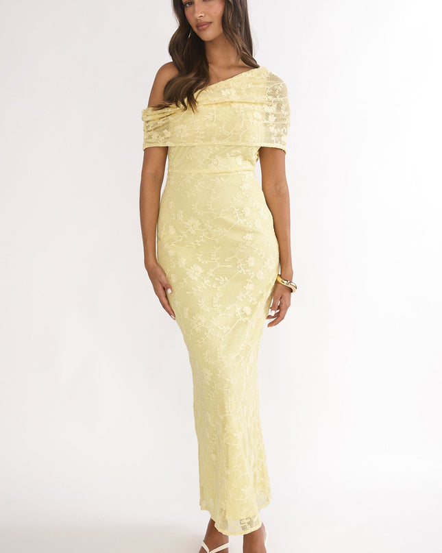 Lemon Asymmetric Neckline Lace Maxi Dress