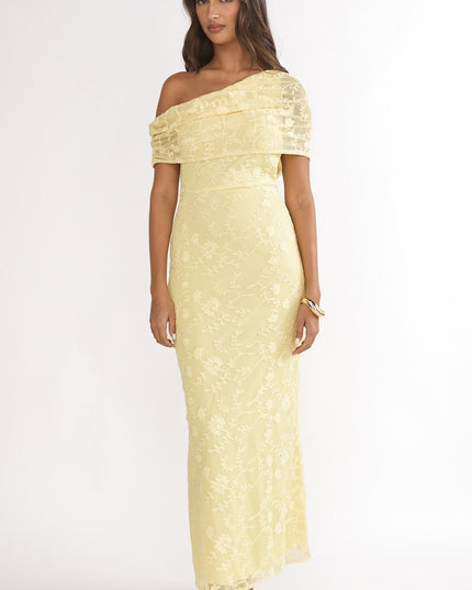 Lemon Asymmetric Neckline Lace Maxi Dress