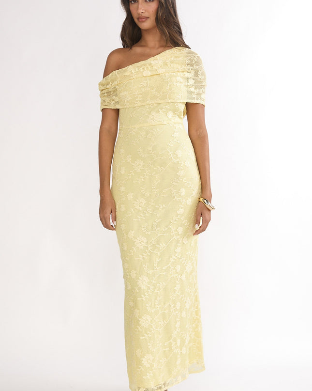 Lemon Asymmetric Neckline Lace Maxi Dress