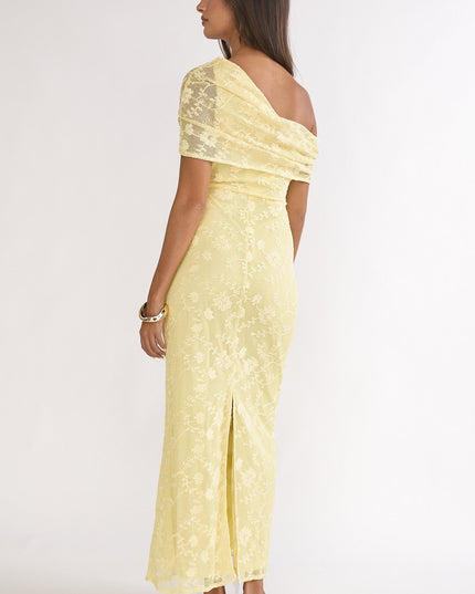 Lemon Asymmetric Neckline Lace Maxi Dress