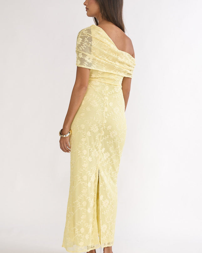 Lemon Asymmetric Neckline Lace Maxi Dress