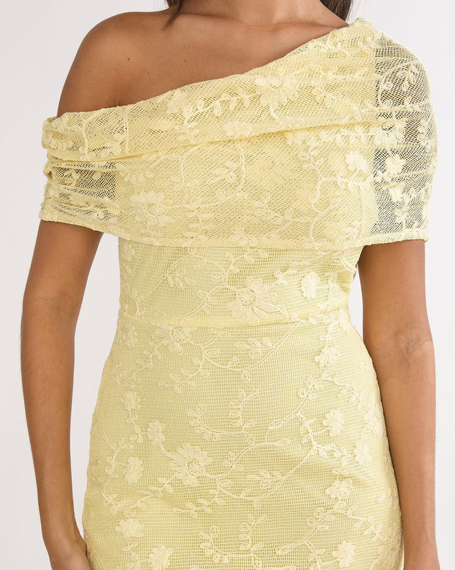 Lemon Asymmetric Neckline Lace Maxi Dress