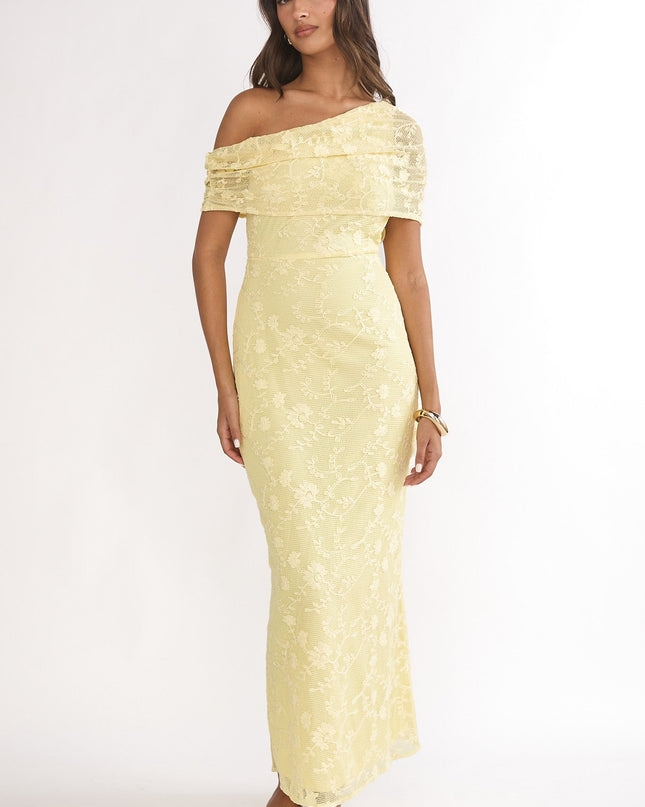 Lemon Asymmetric Neckline Lace Maxi Dress