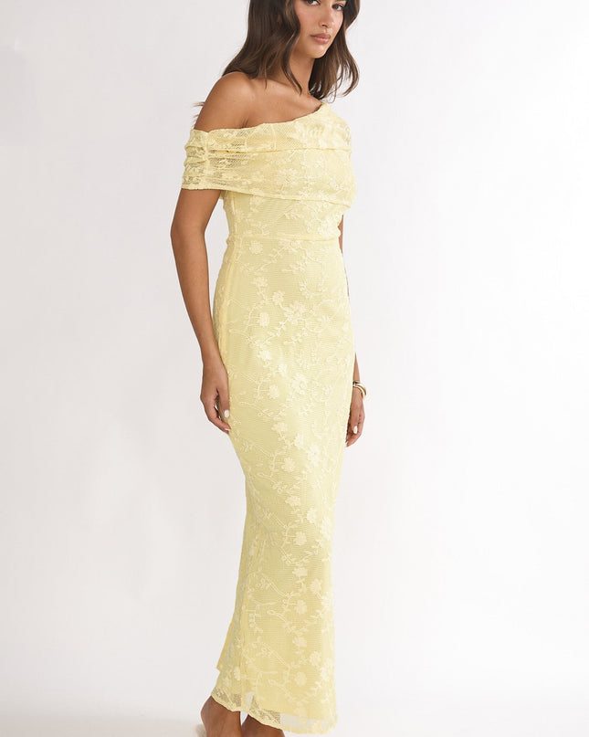 Lemon Asymmetric Neckline Lace Maxi Dress