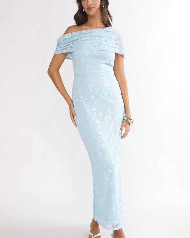 Blue Asymmetric Neckline Lace Maxi Dress