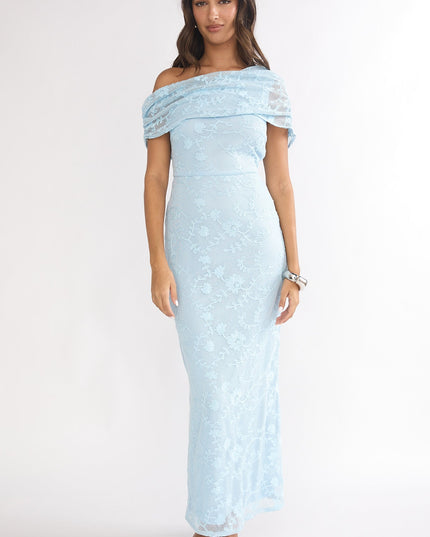 Blue Asymmetric Neckline Lace Maxi Dress