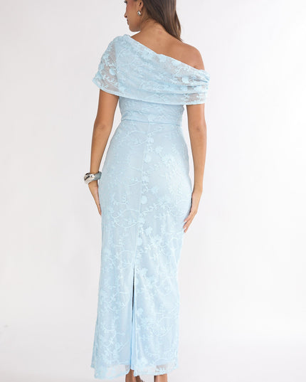 Blue Asymmetric Neckline Lace Maxi Dress