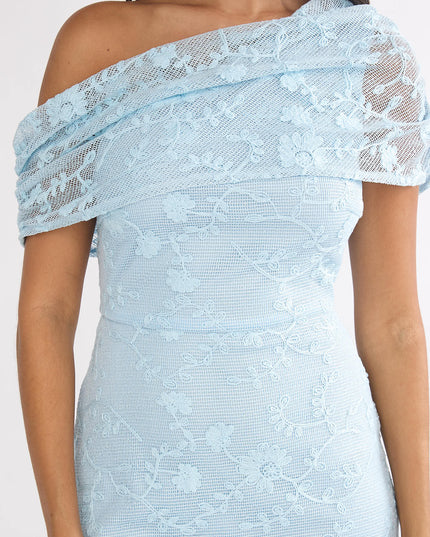 Blue Asymmetric Neckline Lace Maxi Dress