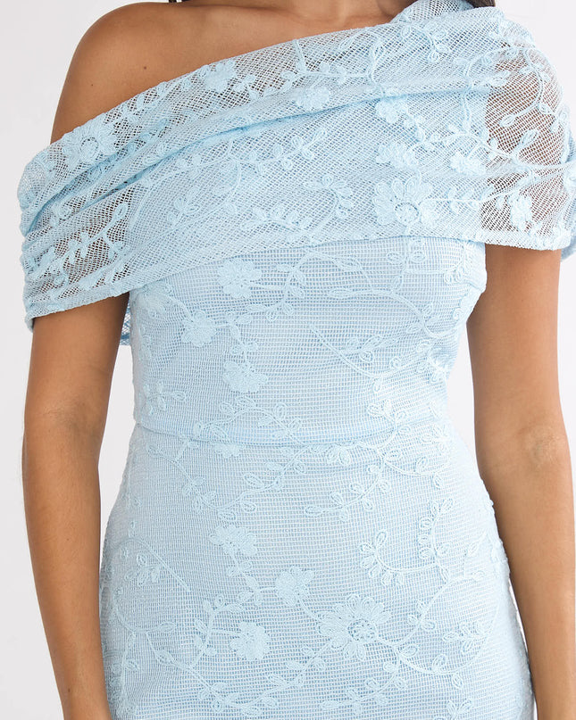 Blue Asymmetric Neckline Lace Maxi Dress