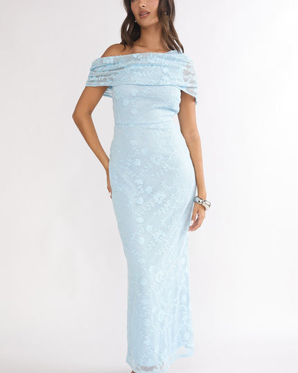 Blue Asymmetric Neckline Lace Maxi Dress