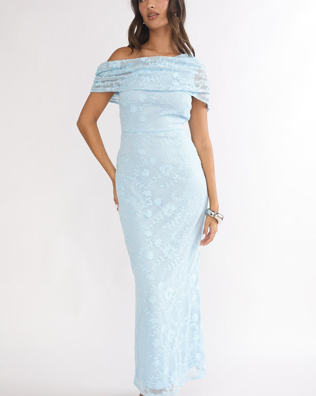 Blue Asymmetric Neckline Lace Maxi Dress