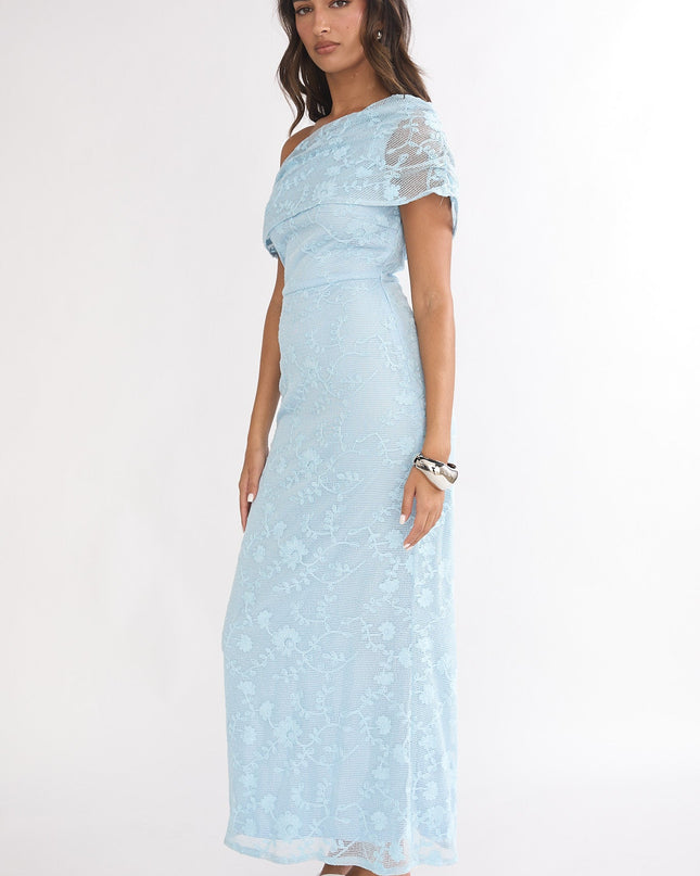 Blue Asymmetric Neckline Lace Maxi Dress