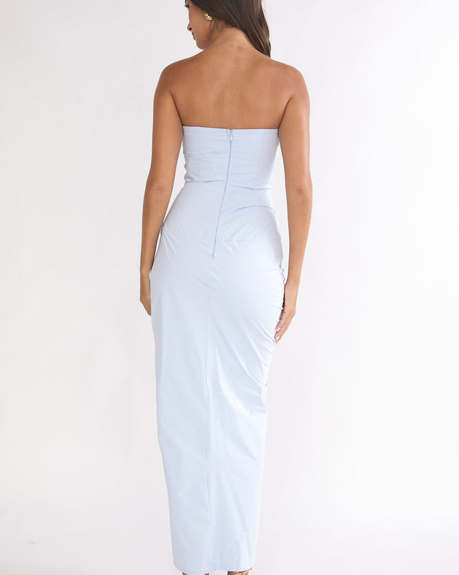 Blue Strapless Ruched Maxi Dress