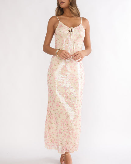 Sage Bust Tie Sequin Maxi Dress Floral Pink