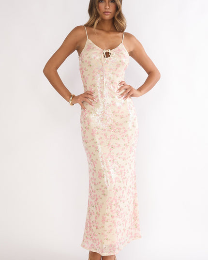 Sage Bust Tie Sequin Maxi Dress Floral Pink