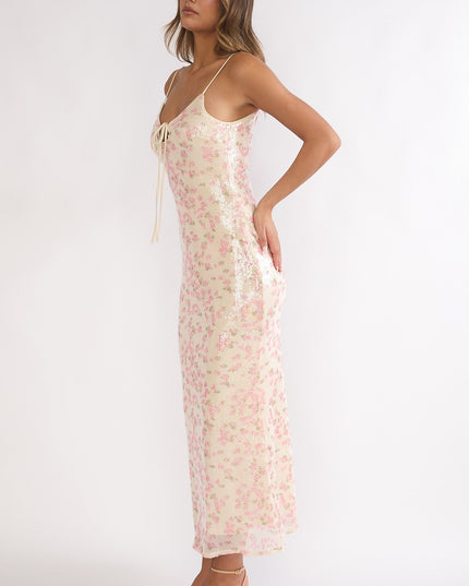 Sage Bust Tie Sequin Maxi Dress Floral Pink