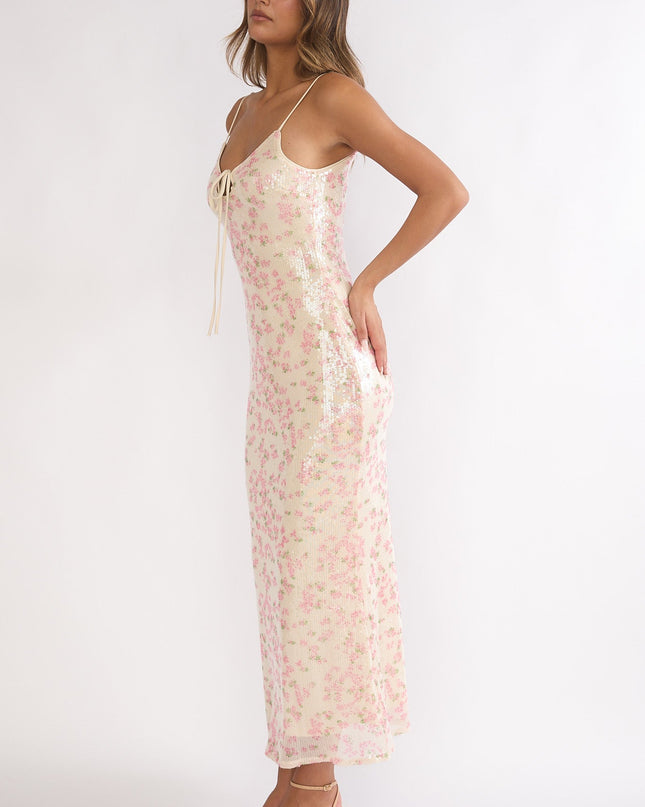 Sage Bust Tie Sequin Maxi Dress Floral Pink