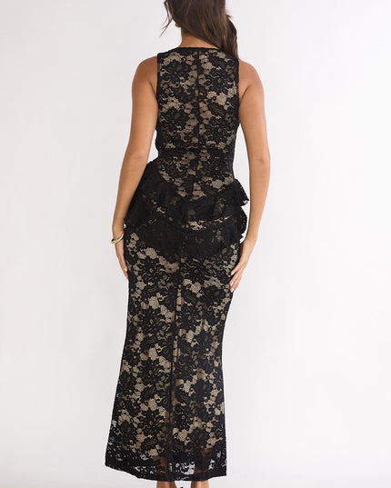 Black Peplum Lace Maxi Dress