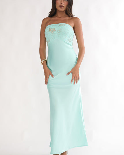 Blue Beaded Bust Strapless Maxi Dress
