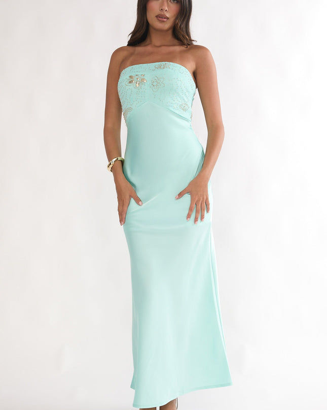 Blue Beaded Bust Strapless Maxi Dress