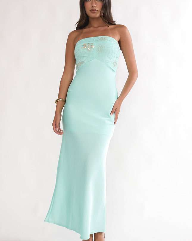 Blue Beaded Bust Strapless Maxi Dress