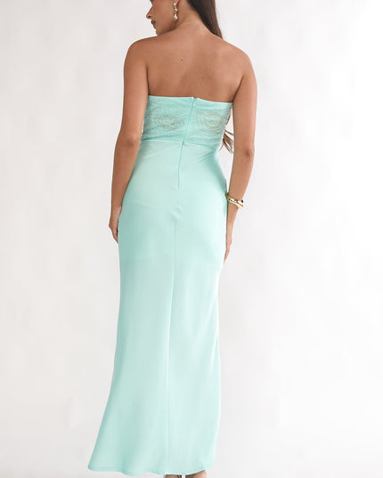 Blue Beaded Bust Strapless Maxi Dress