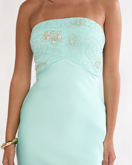 Blue Beaded Bust Strapless Maxi Dress
