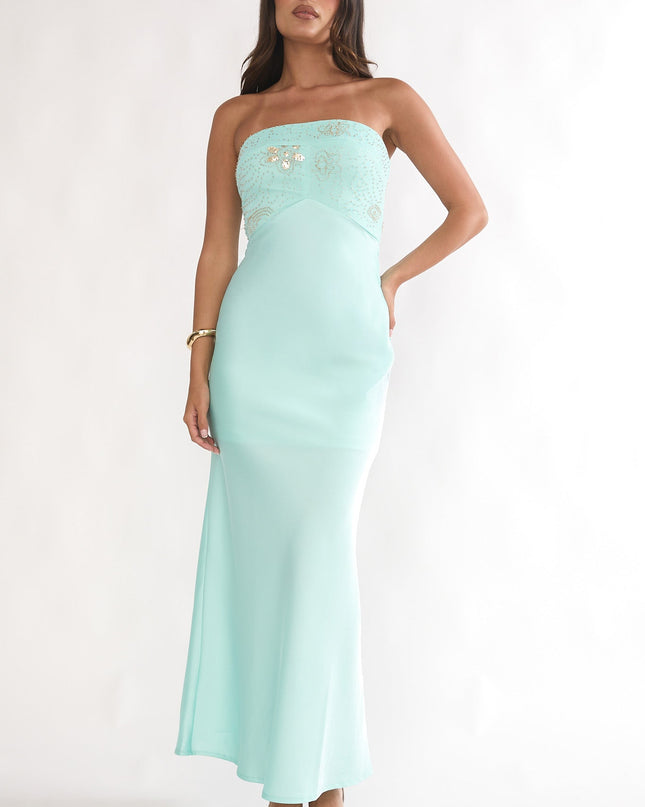 Blue Beaded Bust Strapless Maxi Dress