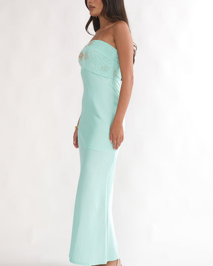 Blue Beaded Bust Strapless Maxi Dress