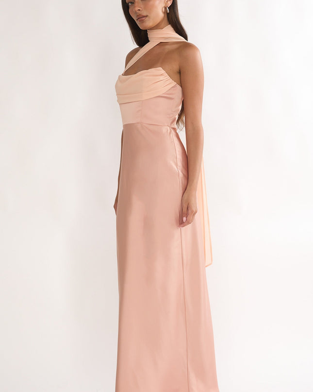 Apricot Strapless Scarf Maxi Dress