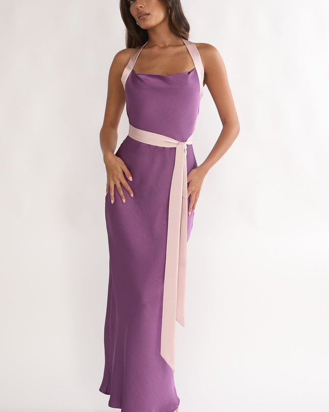 Grape Waist Tie Halter Maxi Dress