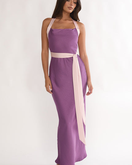 Grape Waist Tie Halter Maxi Dress