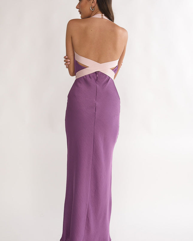 Grape Waist Tie Halter Maxi Dress