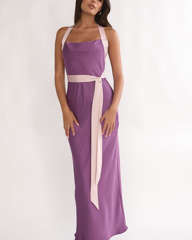 Grape Waist Tie Halter Maxi Dress
