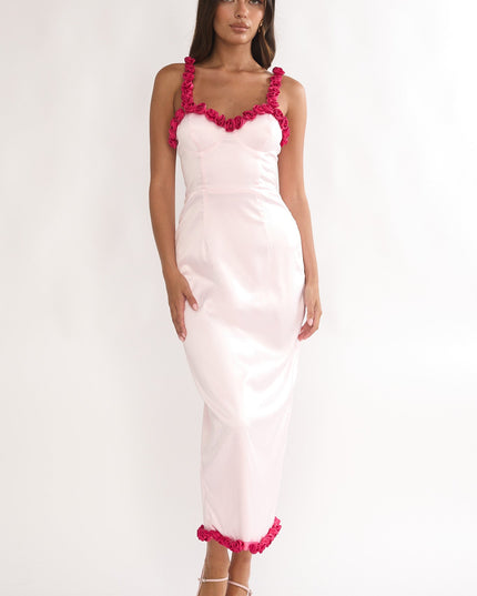 Pink Rosette Trim Maxi Dress